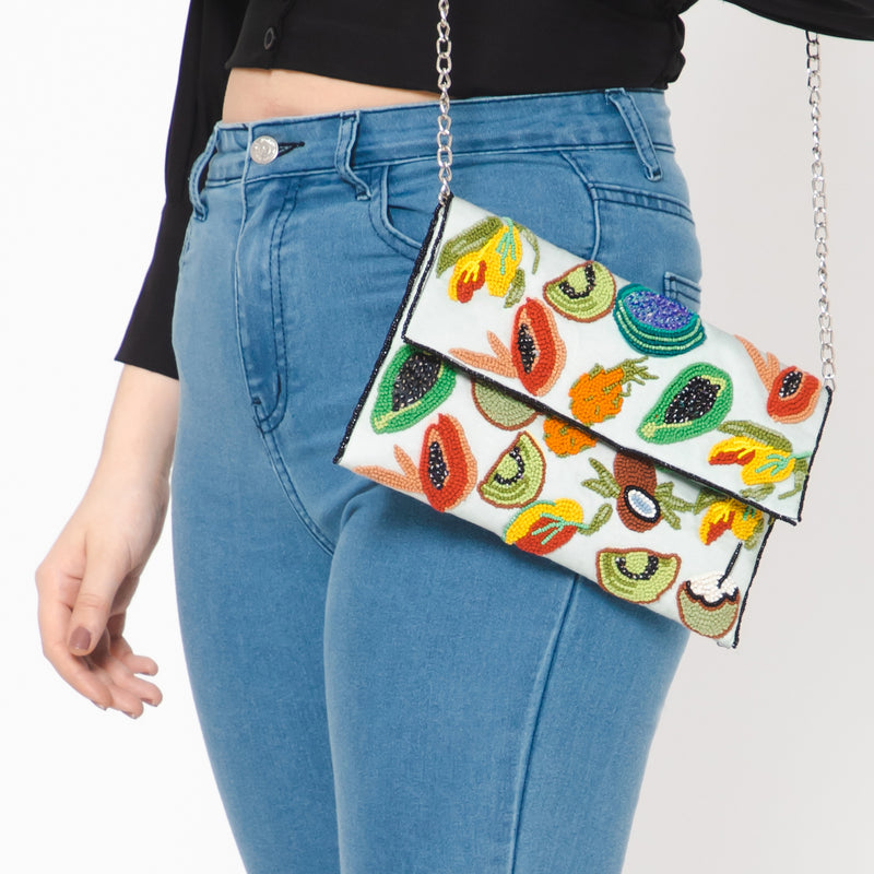 Fruit Embroidered Clutch - Green