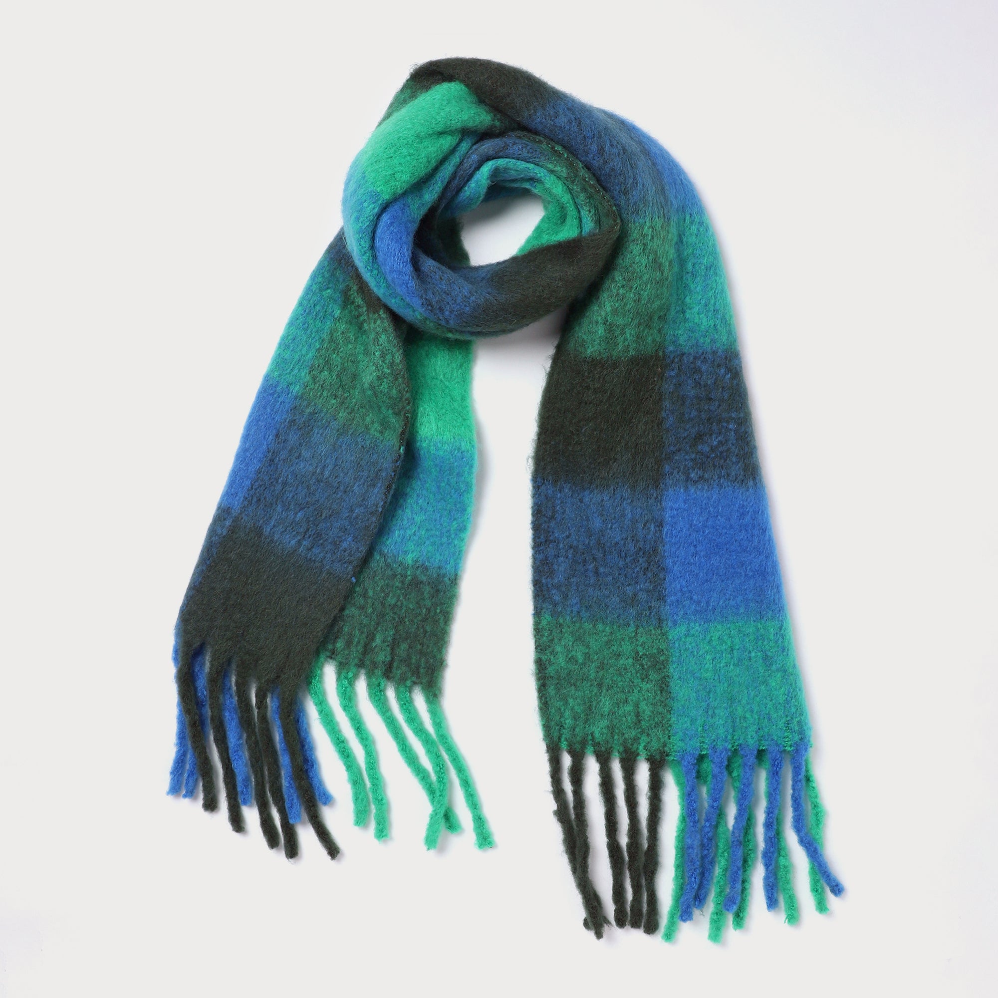 Brushed Checkered Print Scarf - Blue Green