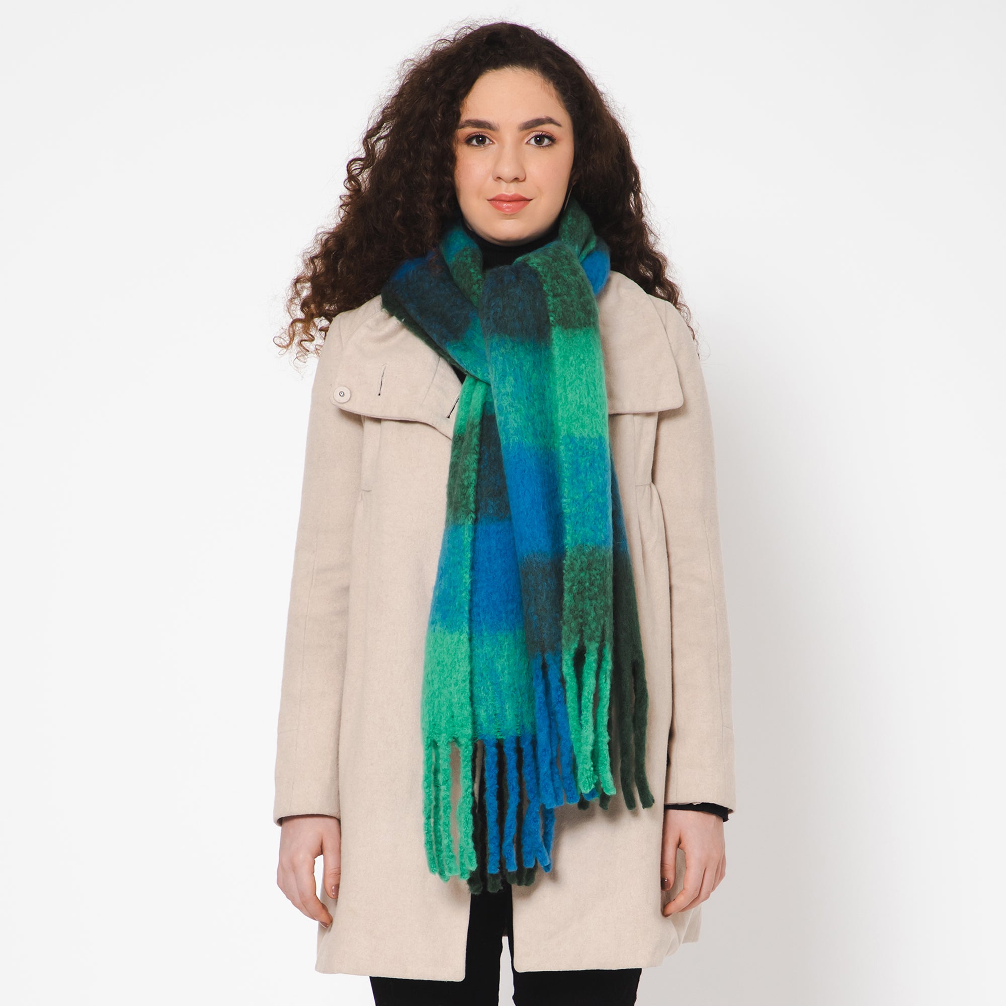 Brushed Checkered Print Scarf - Blue Green