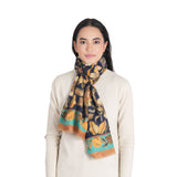 Victorian Floral Wool Scarf - Navy Blue