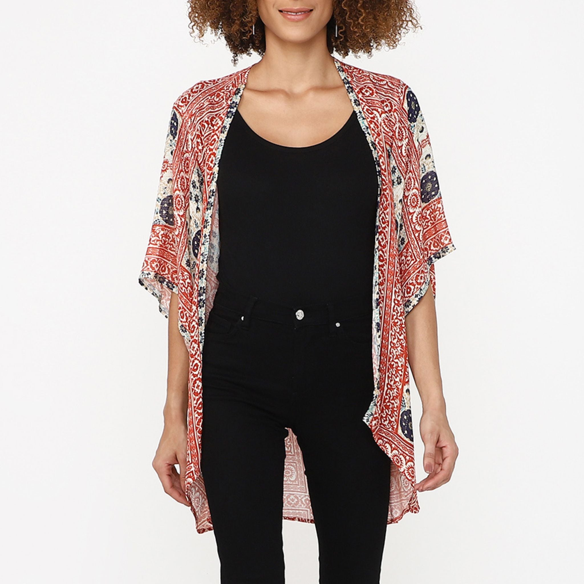 Ethnic Patchwork Print Kimono - Rust