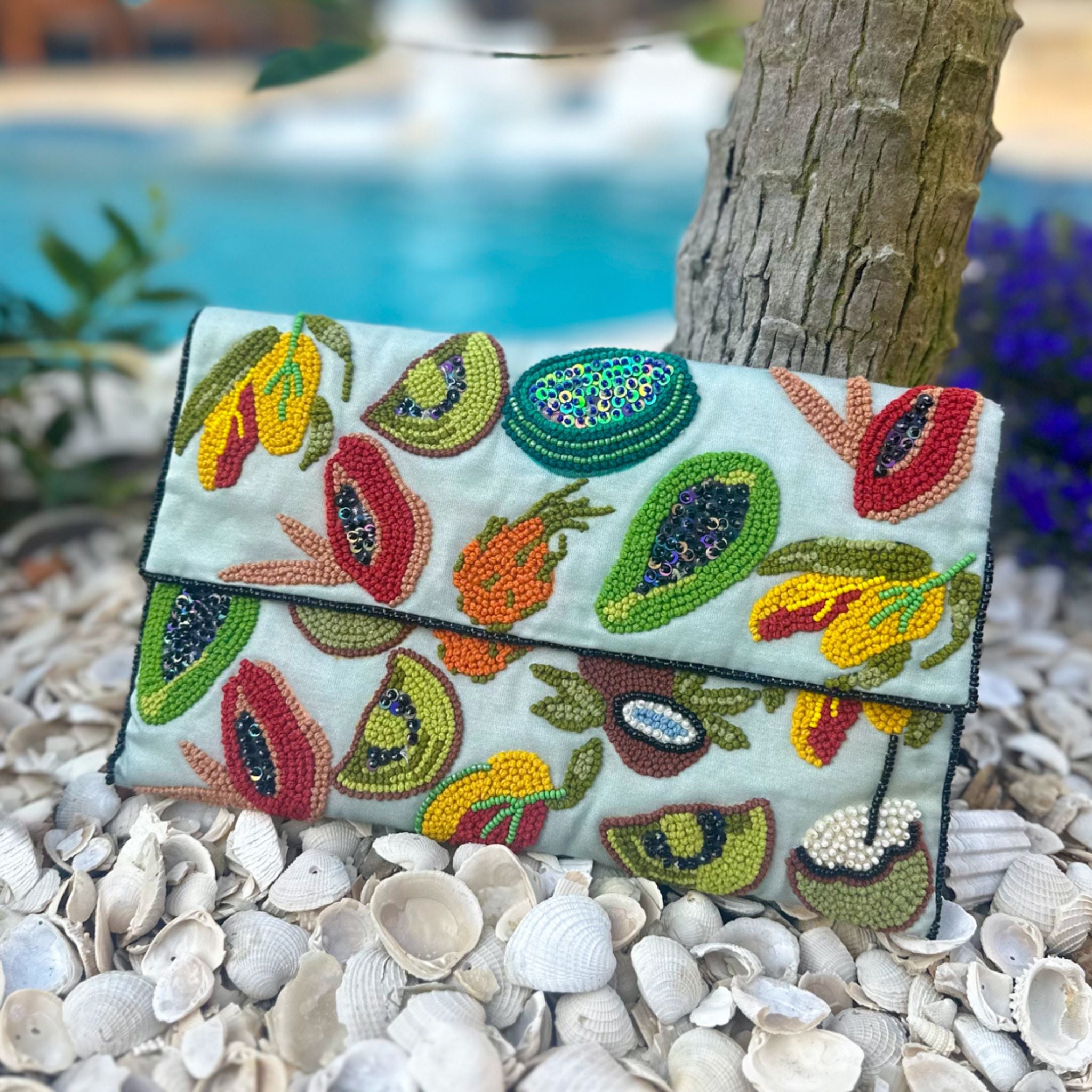 Fruit Embroidered Clutch - Green