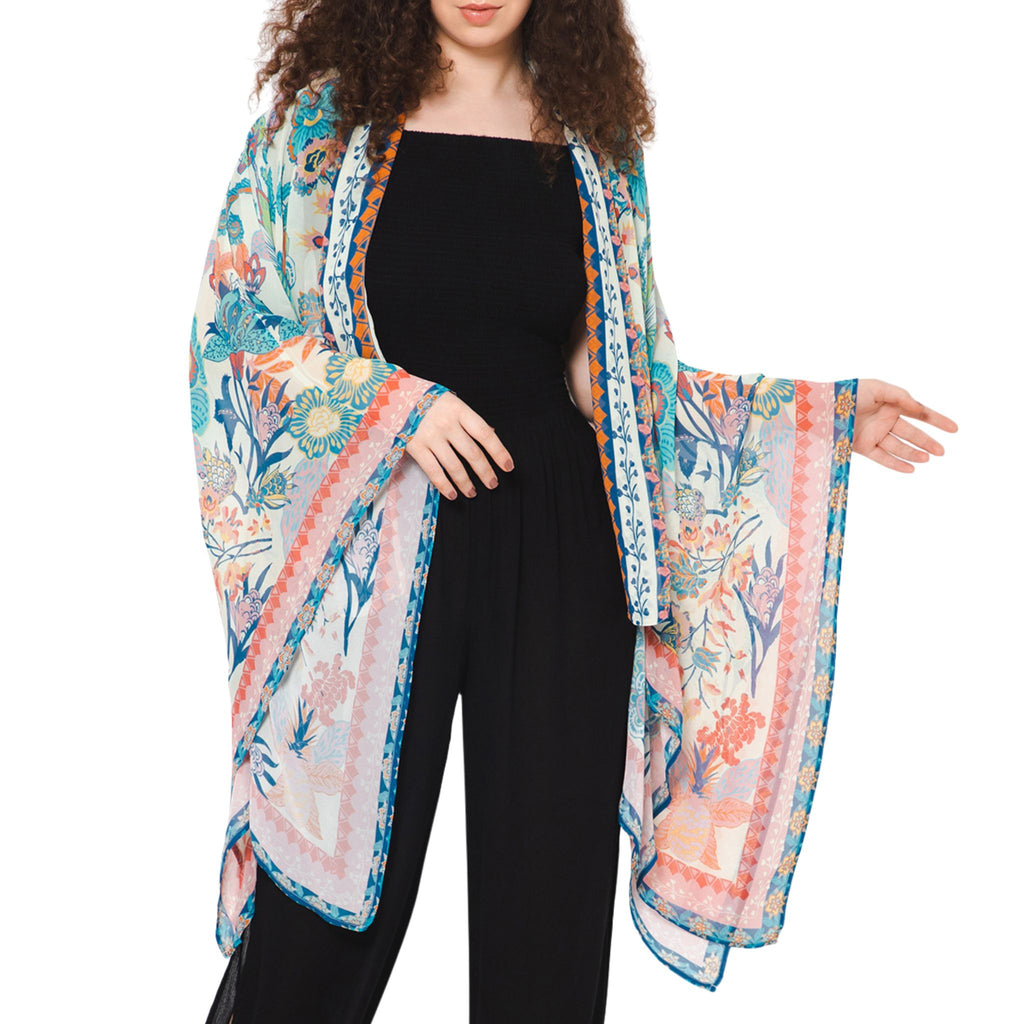 Finoceans Women's Floral Chiffon Kimono Cardigan - Sheer Loose Cover-Up (Pale Mauve, Small)