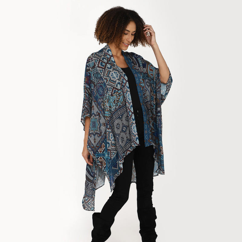 Boho Mosaic Print Kimono Cardigan - Blue