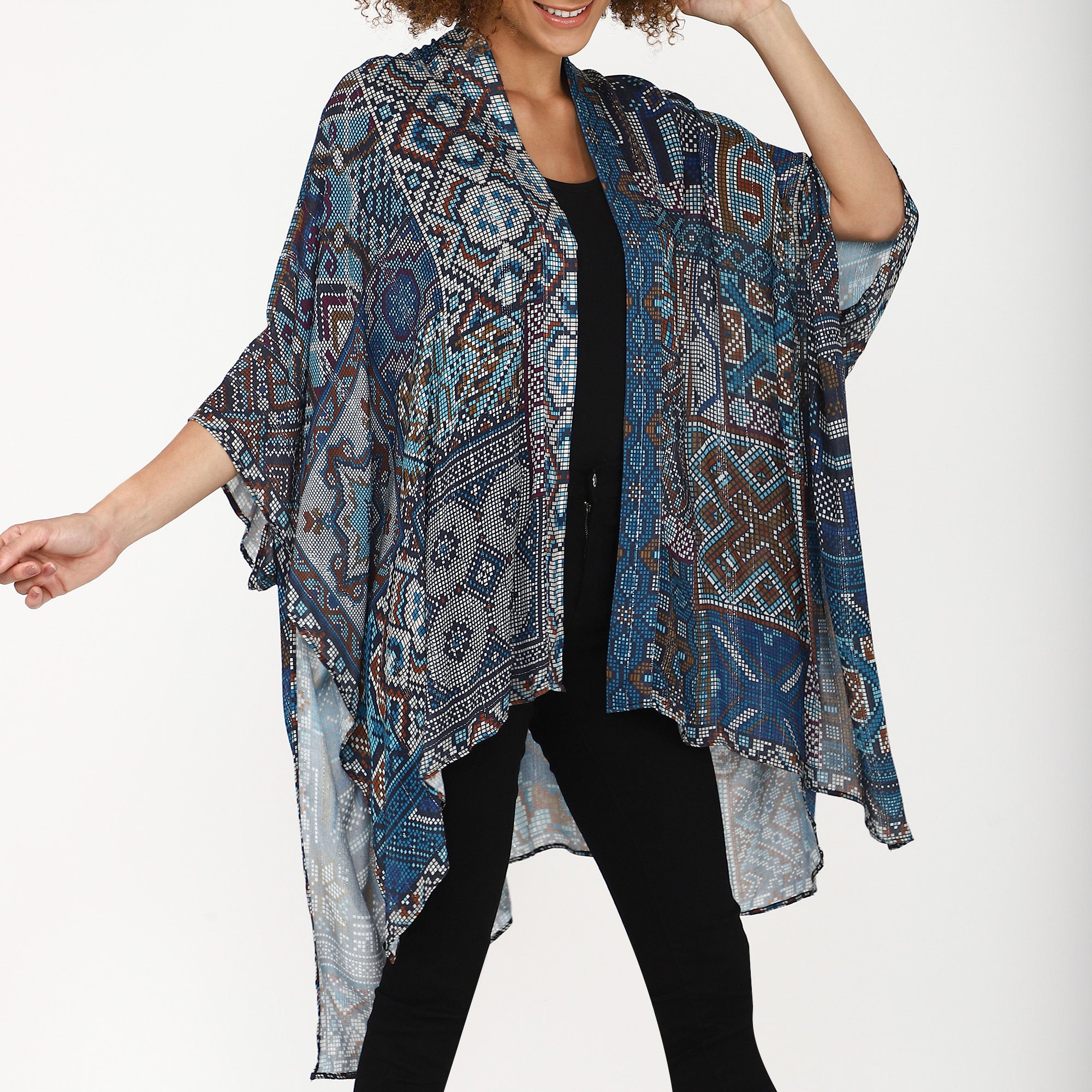 Boho Mosaic Print Kimono Cardigan - Blue