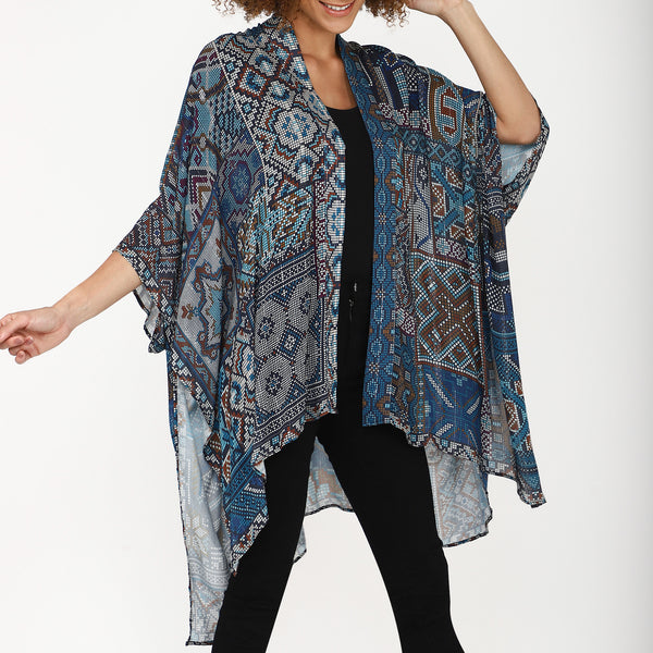 Boho Mosaic Print Kimono Cardigan - Blue