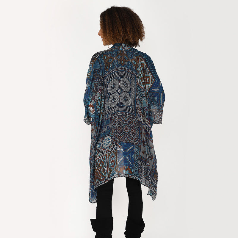 Boho Mosaic Print Kimono Cardigan - Blue