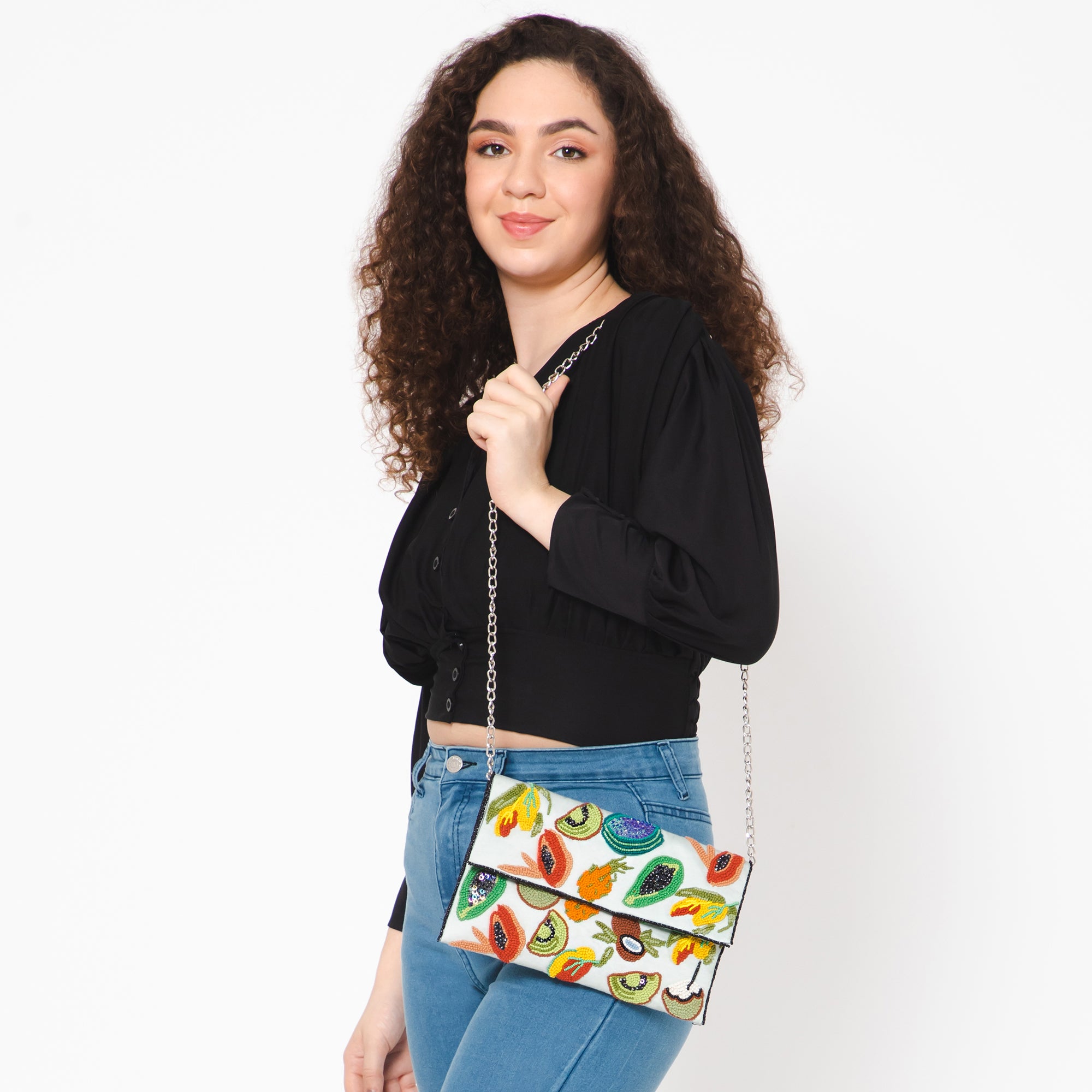 Fruit Embroidered Clutch - Green