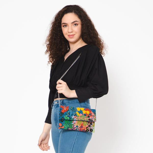 Festive Floral Embroidered Clutch - Blue Multi