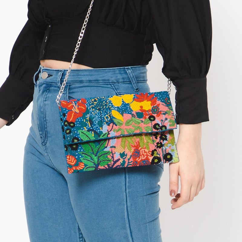 Festive Floral Embroidered Clutch - Blue Multi