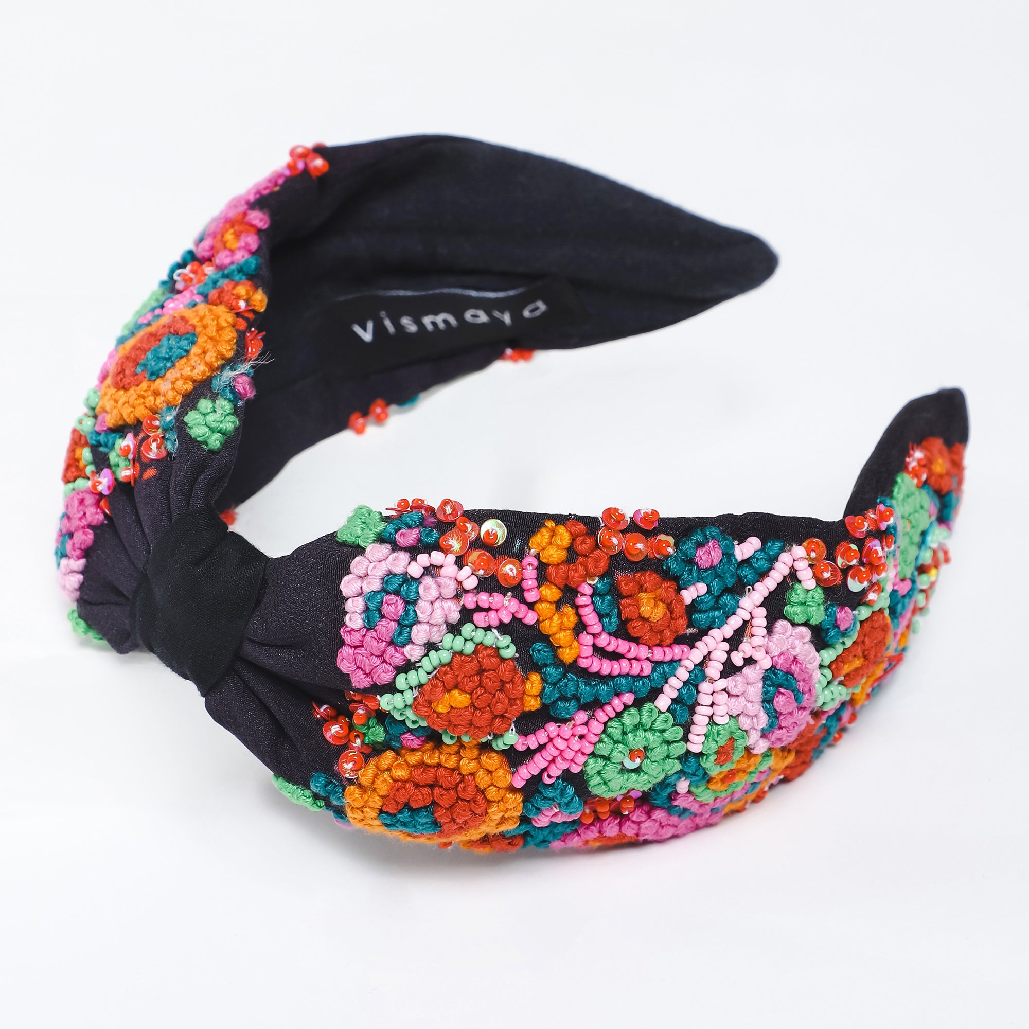 Floral Embroidered Headband - Black