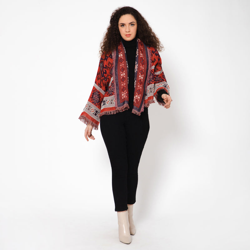 Ikat Print Woven Jacket - Ruby Red