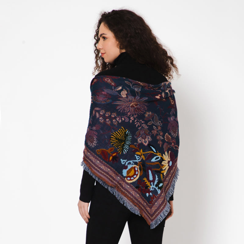 Magnificent Floral Jacquard Square Scarf - Navy