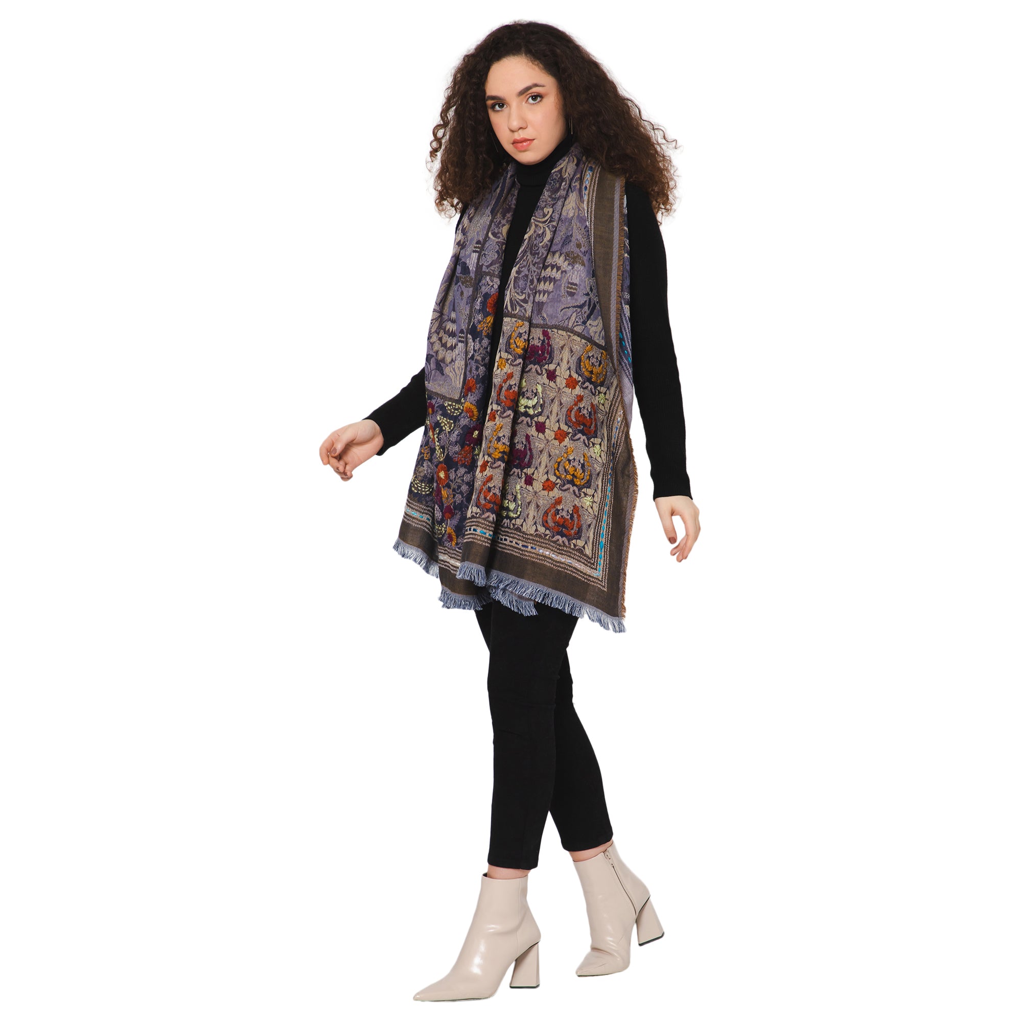 Floral Embroidered Jacquard Scarf - Lilac Blue