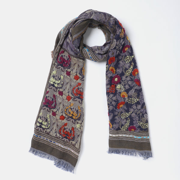 Floral Embroidered Jacquard Scarf - Lilac Blue