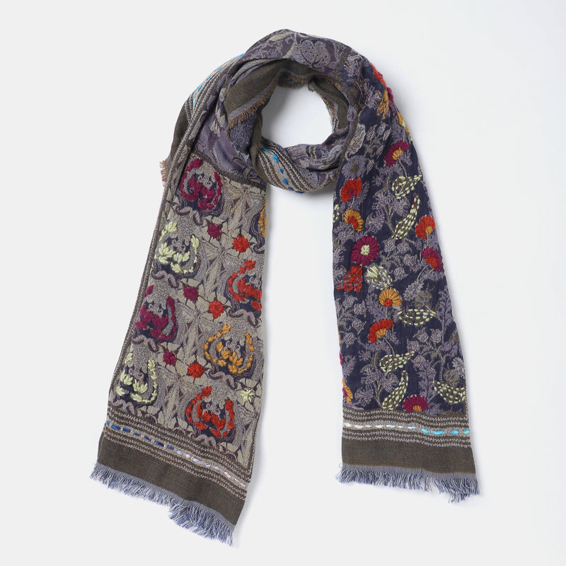 Floral Embroidered Jacquard Scarf - Lilac Blue