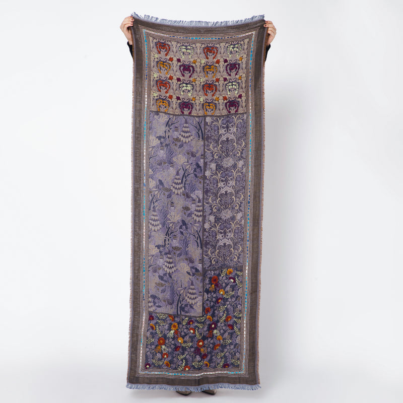 Floral Embroidered Jacquard Scarf - Lilac Blue