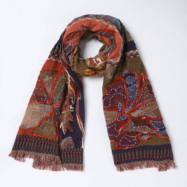 Catchy Embroidered Scarf - Red Blue