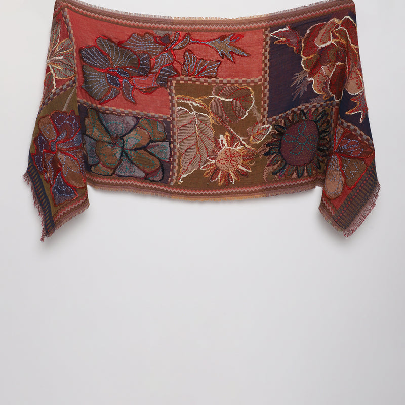 Catchy Embroidered Scarf - Red Blue