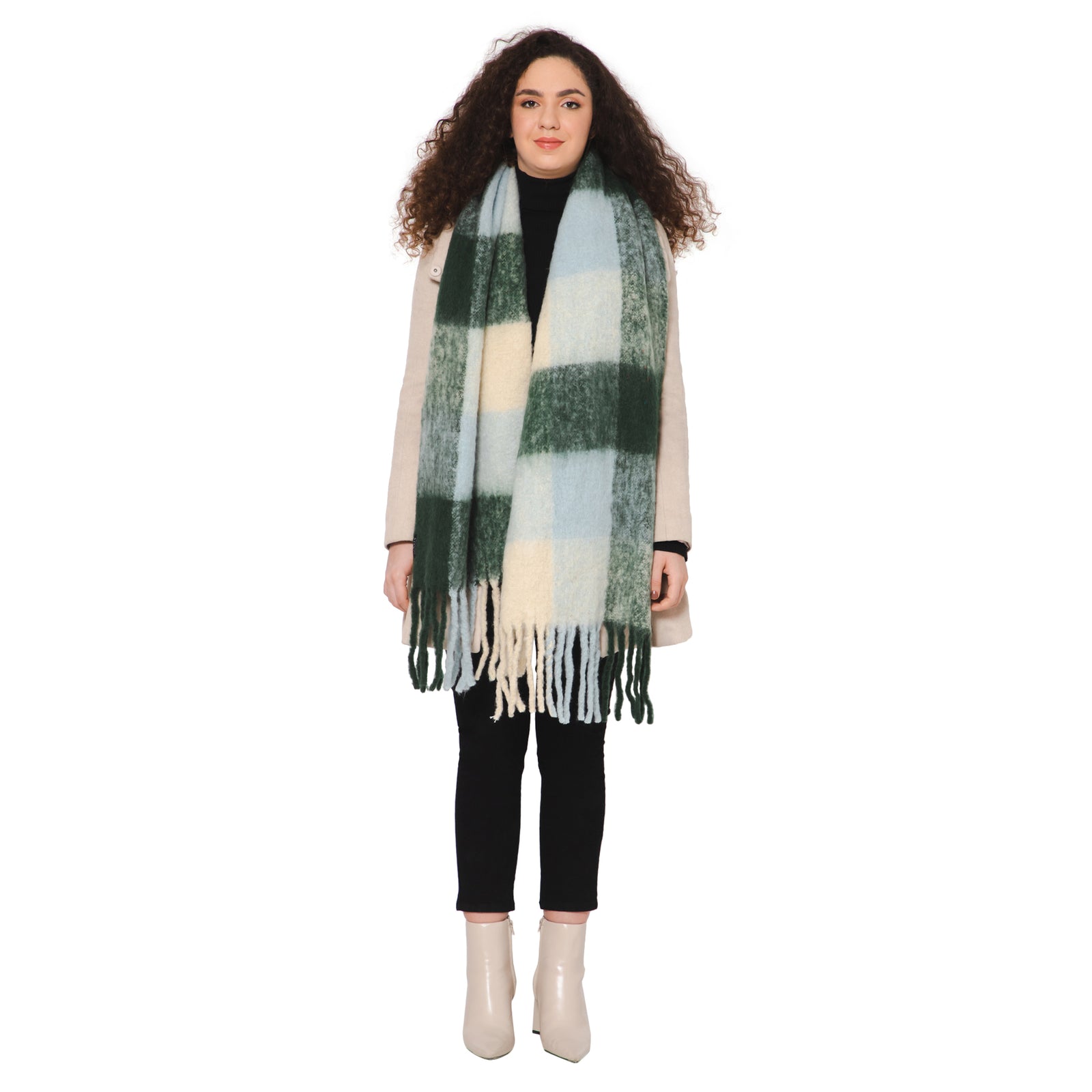 Brushed Checkered Print Scarf - Beige Olive – Vismaya