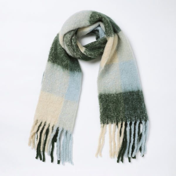 Brushed Checkered Print Scarf - Beige Olive