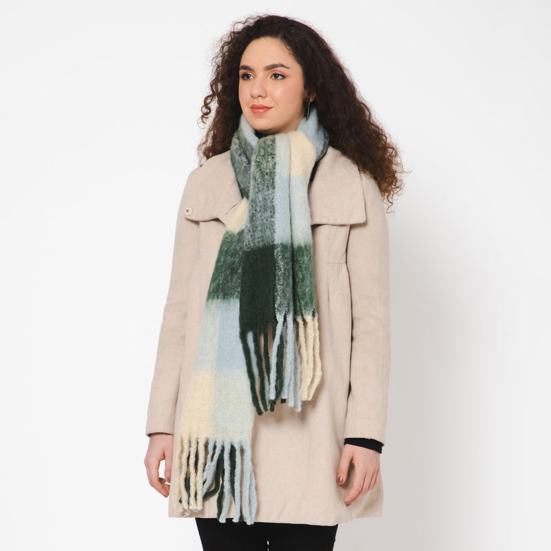 Brushed Checkered Print Scarf - Beige Olive