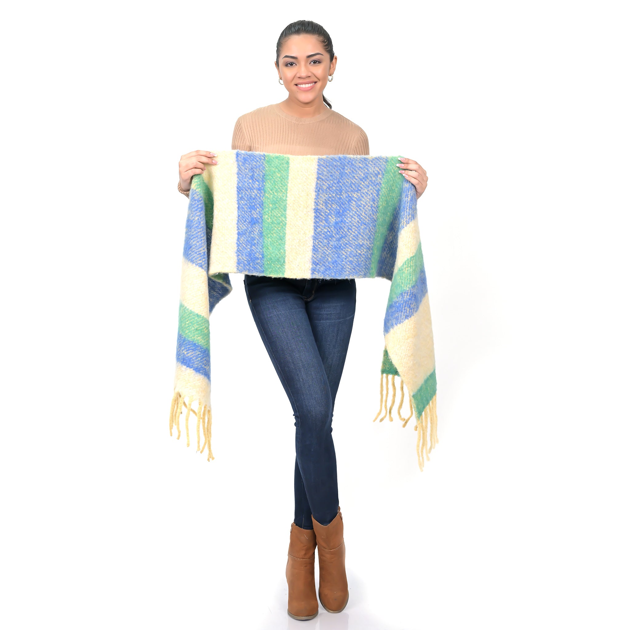 Coastal Breeze Woolen Blend Scarf - Beige Blue