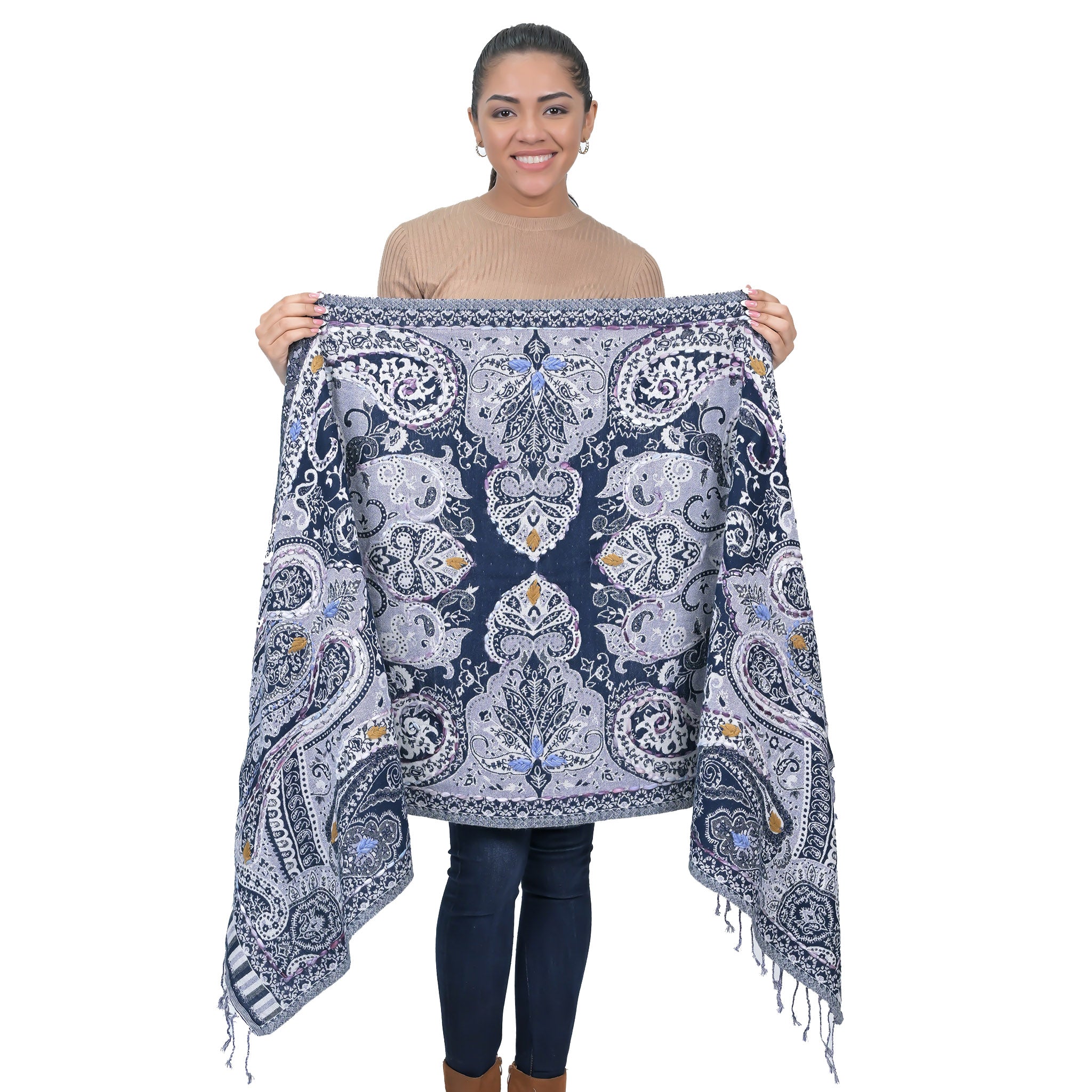 Regal Paisley Woven Scarf - Navy
