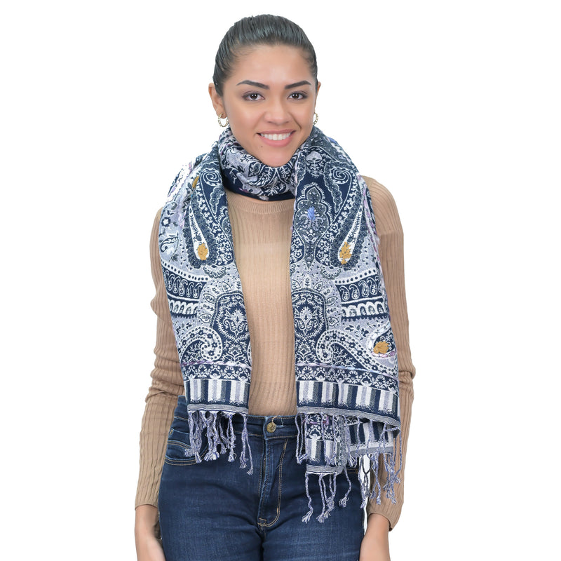 Regal Paisley Woven Scarf - Navy