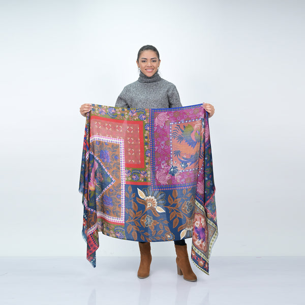 Songbird Rectangle Wool Scarf - Blue Red