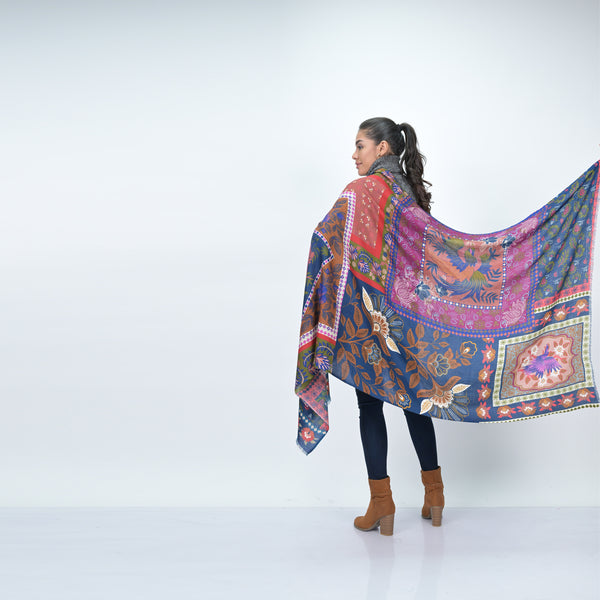 Songbird Rectangle Wool Scarf - Blue Red