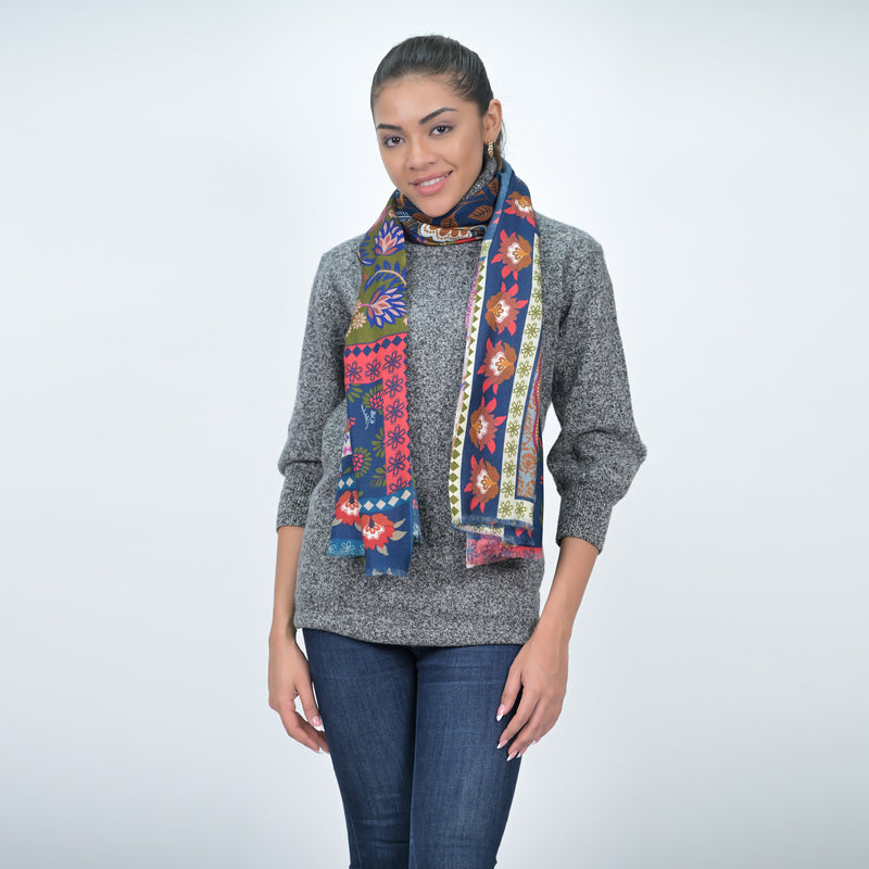 Songbird Rectangle Wool Scarf - Blue Red