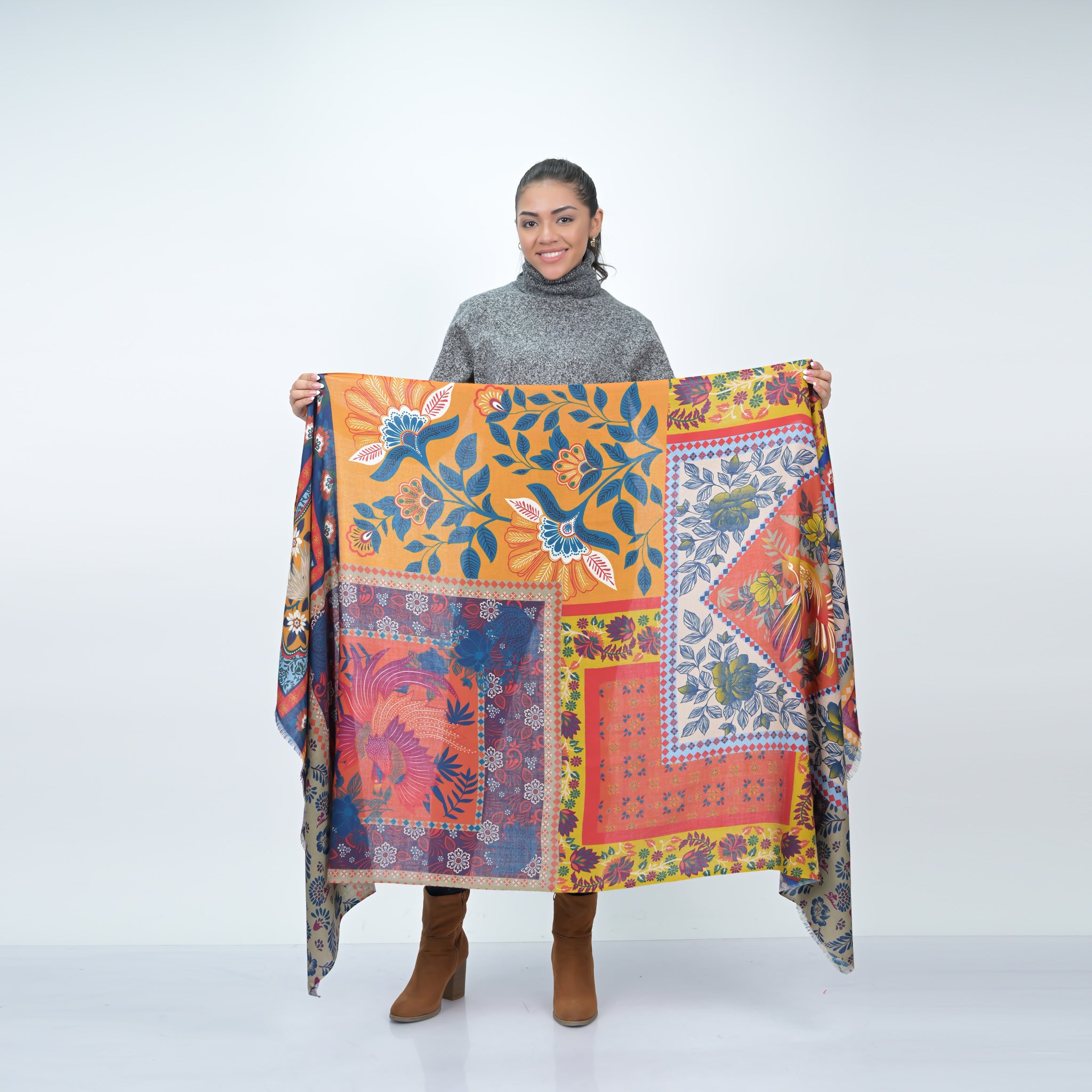 Songbird Rectangle Wool Scarf - Orange Green