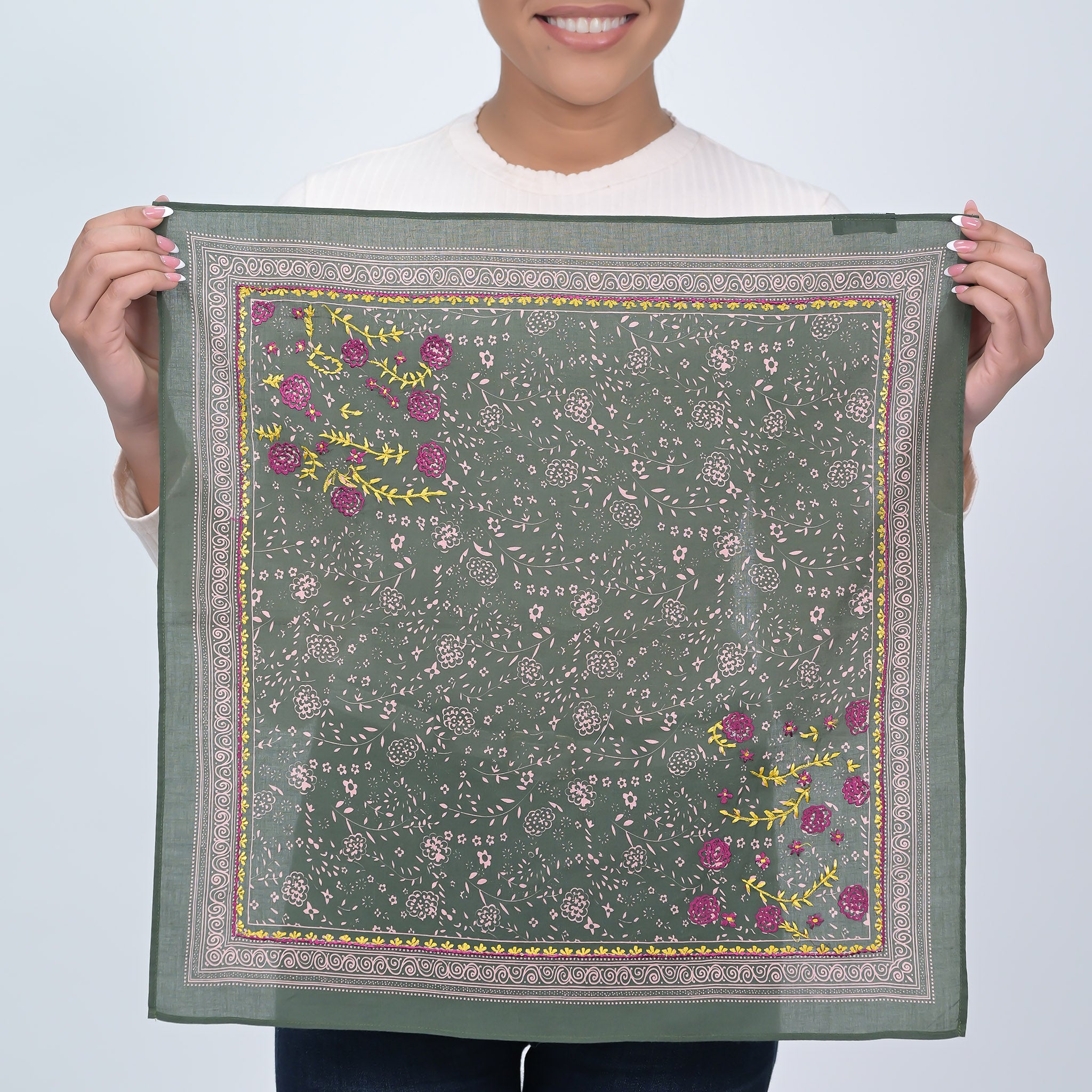 Ditsy Floral Embroidered Bandana - Dark Green