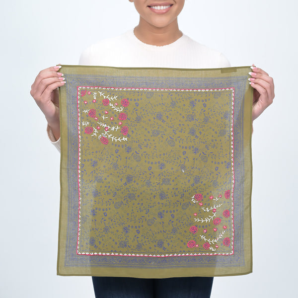 Ditsy Floral Embroidered Bandana - Moss Green