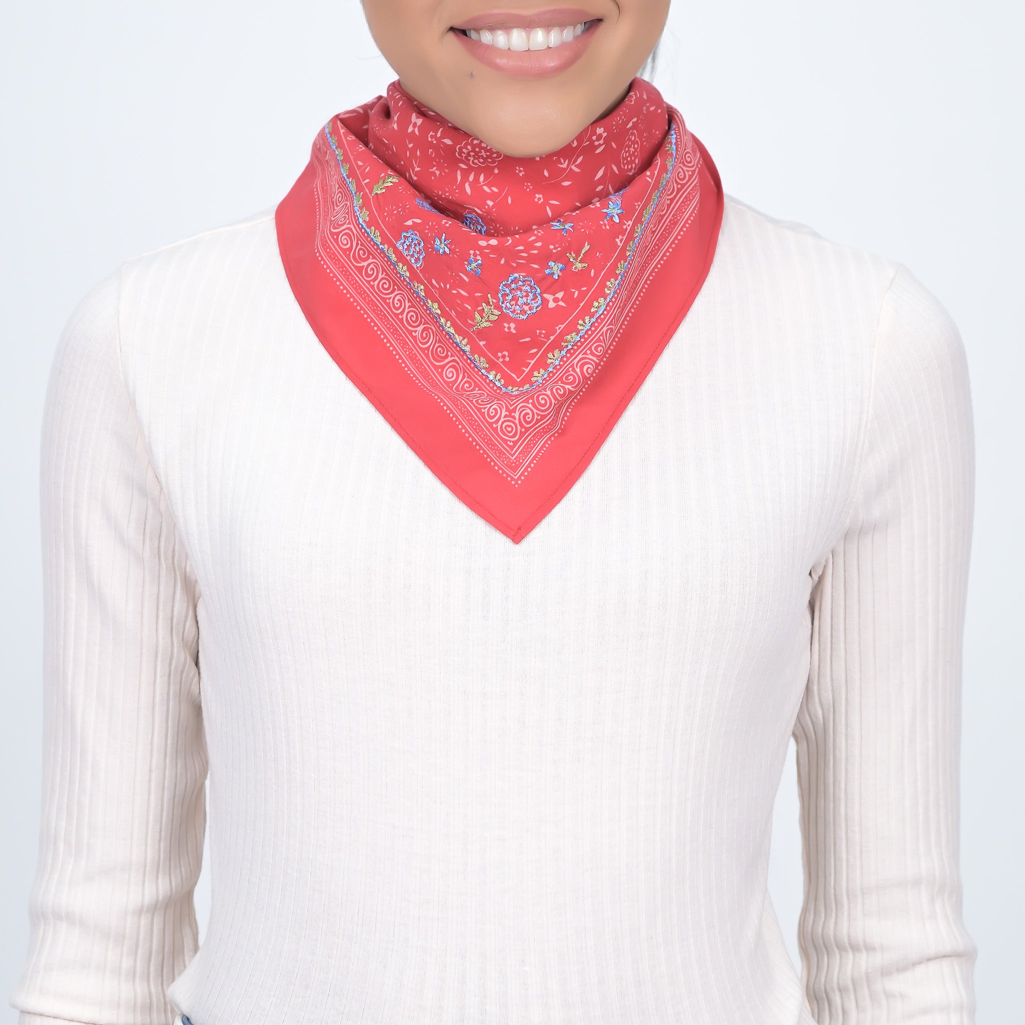 Ditsy Floral Embroidered Bandana - Red