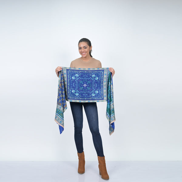 Magnolia Flower Silk Wool Scarf - Blue