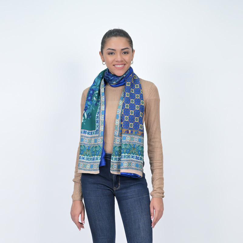 Magnolia Flower Silk Wool Scarf - Blue