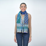 Magnolia Flower Silk Wool Scarf - Blue