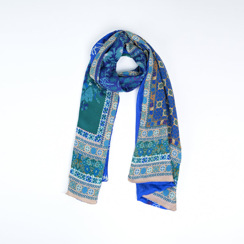 Magnolia Flower Silk Wool Scarf - Blue