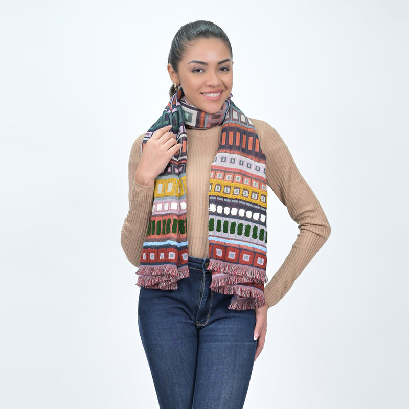 City Lines Stripe Embroidered Scarf - Coral