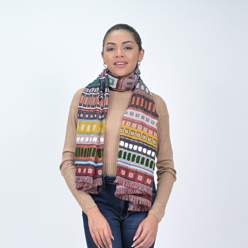 City Lines Stripe Embroidered Scarf - Coral