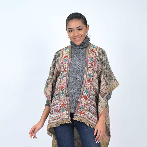 Savannah Western Embroidered Poncho - Brown Rice