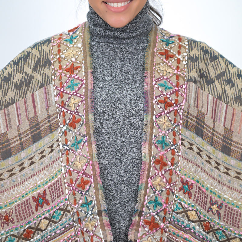 Savannah Western Embroidered Poncho - Brown Rice