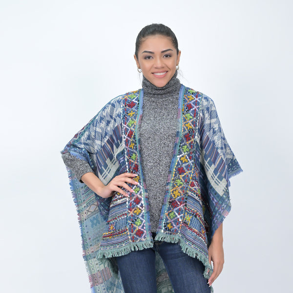 Savannah Western Embroidered Poncho - Ink Blue