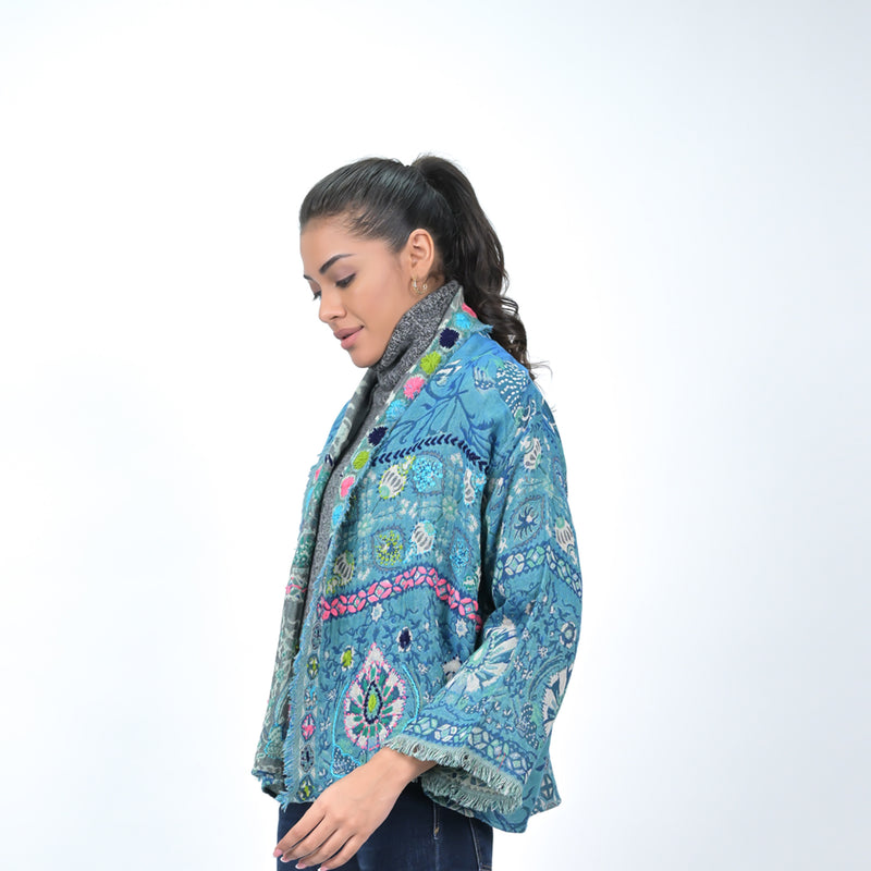 Camellia Floral Jacquard Kimono - Marine Blue