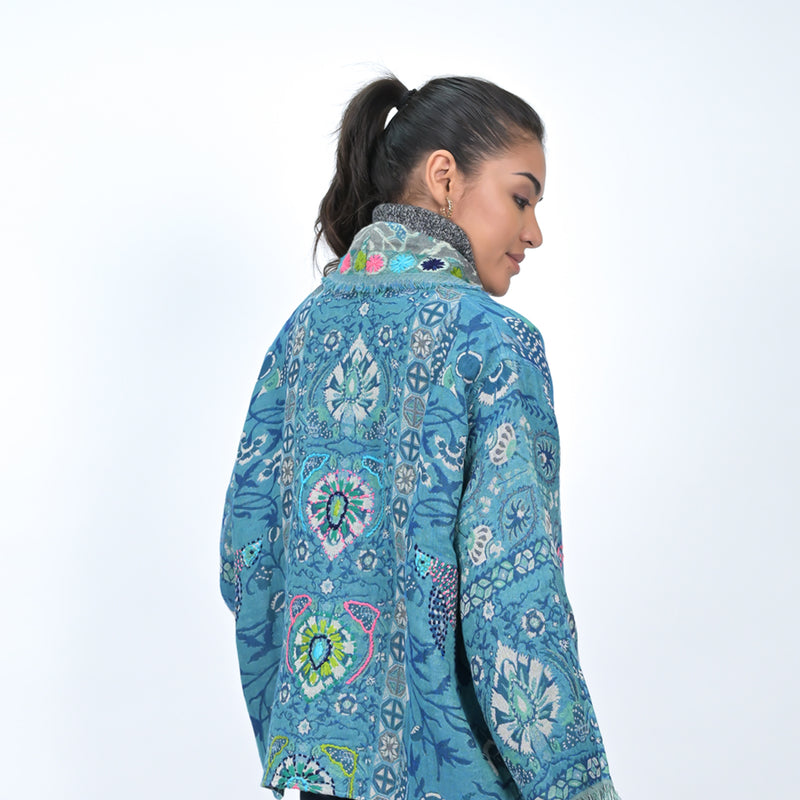 Camellia Floral Jacquard Kimono - Marine Blue