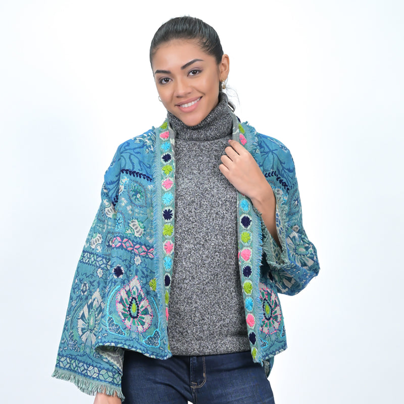 Camellia Floral Jacquard Kimono - Marine Blue