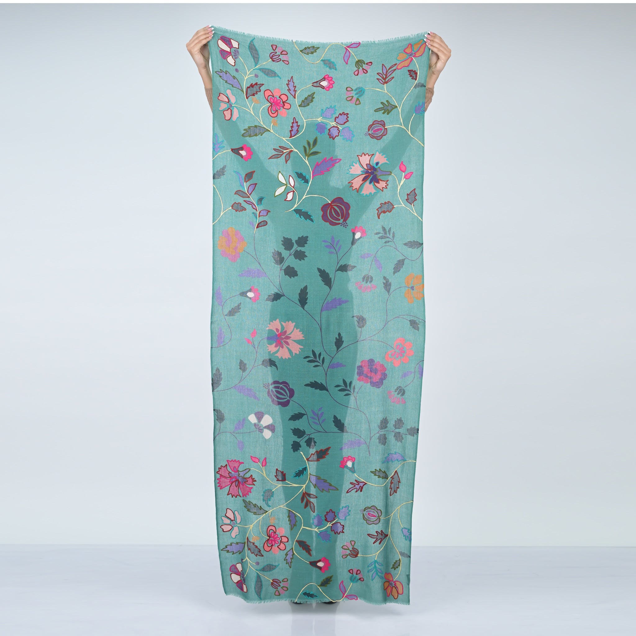 Evergreen Blossom Embroidered Wool Scarf - Spruce