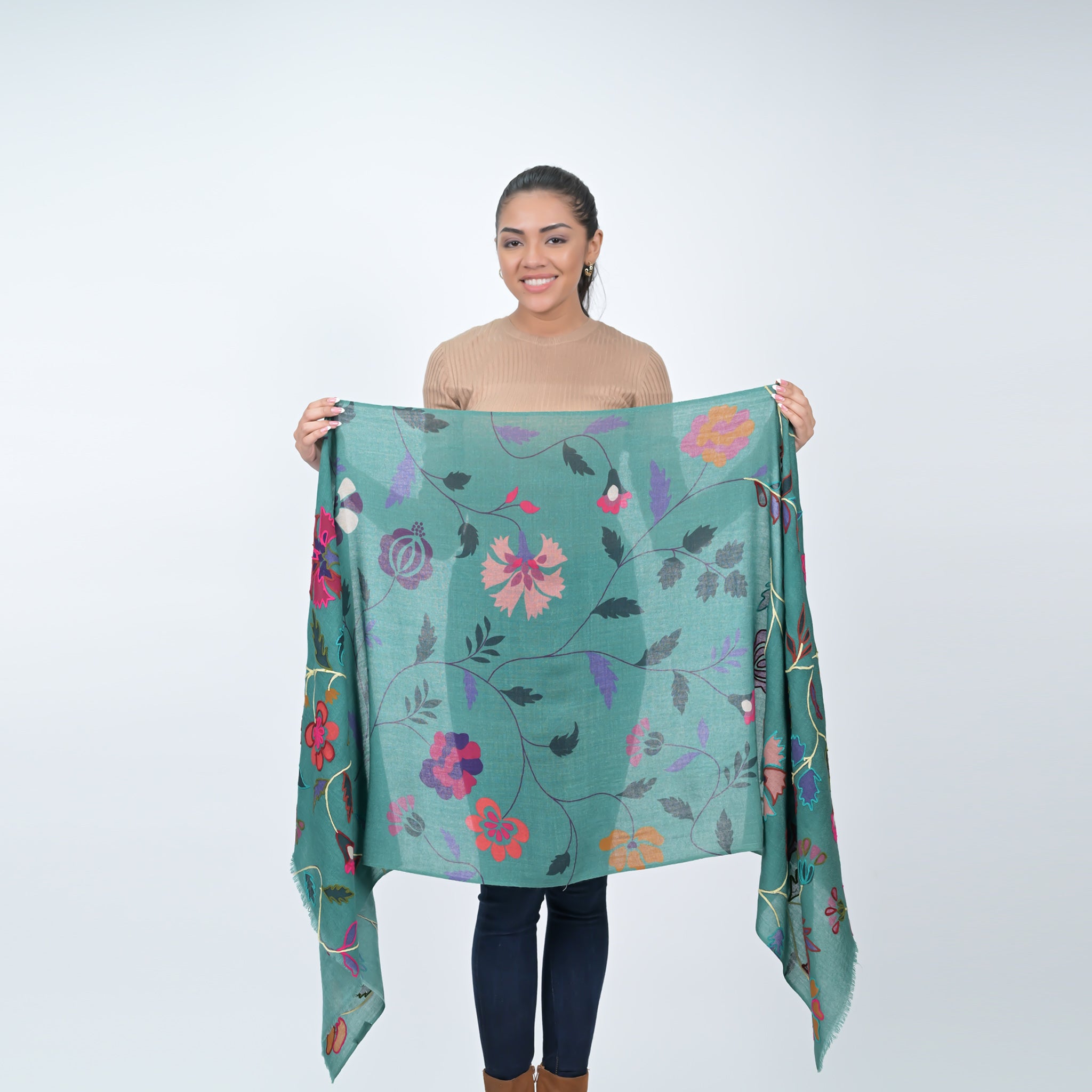 Evergreen Blossom Embroidered Wool Scarf - Spruce